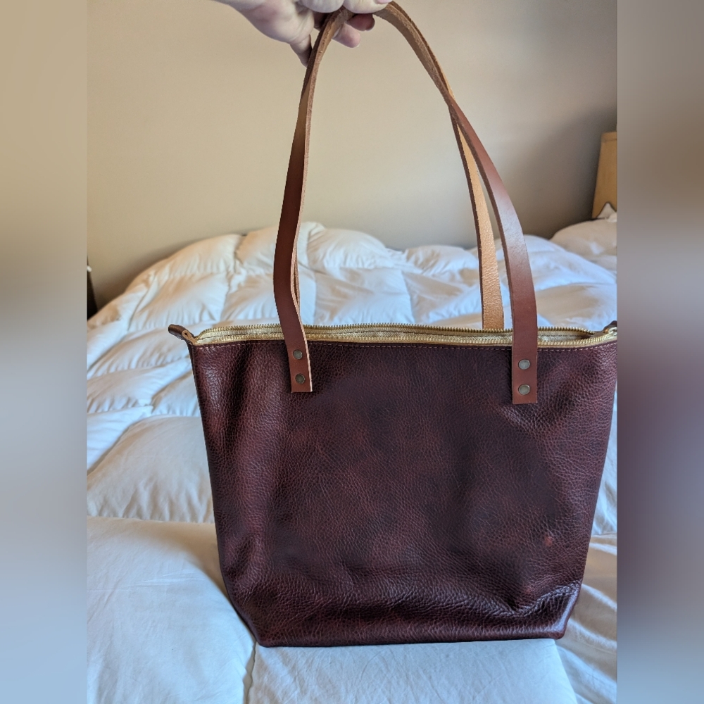 Portland Leather Dark Brown Tote with Tan Straps Zip Top